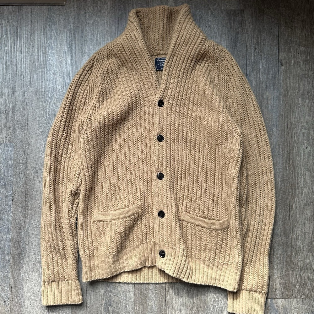 VTG Abercrombie & Fitch Heavy Wool Shawl Sweater Oatmeal Beige Fisherman 3d Sz L